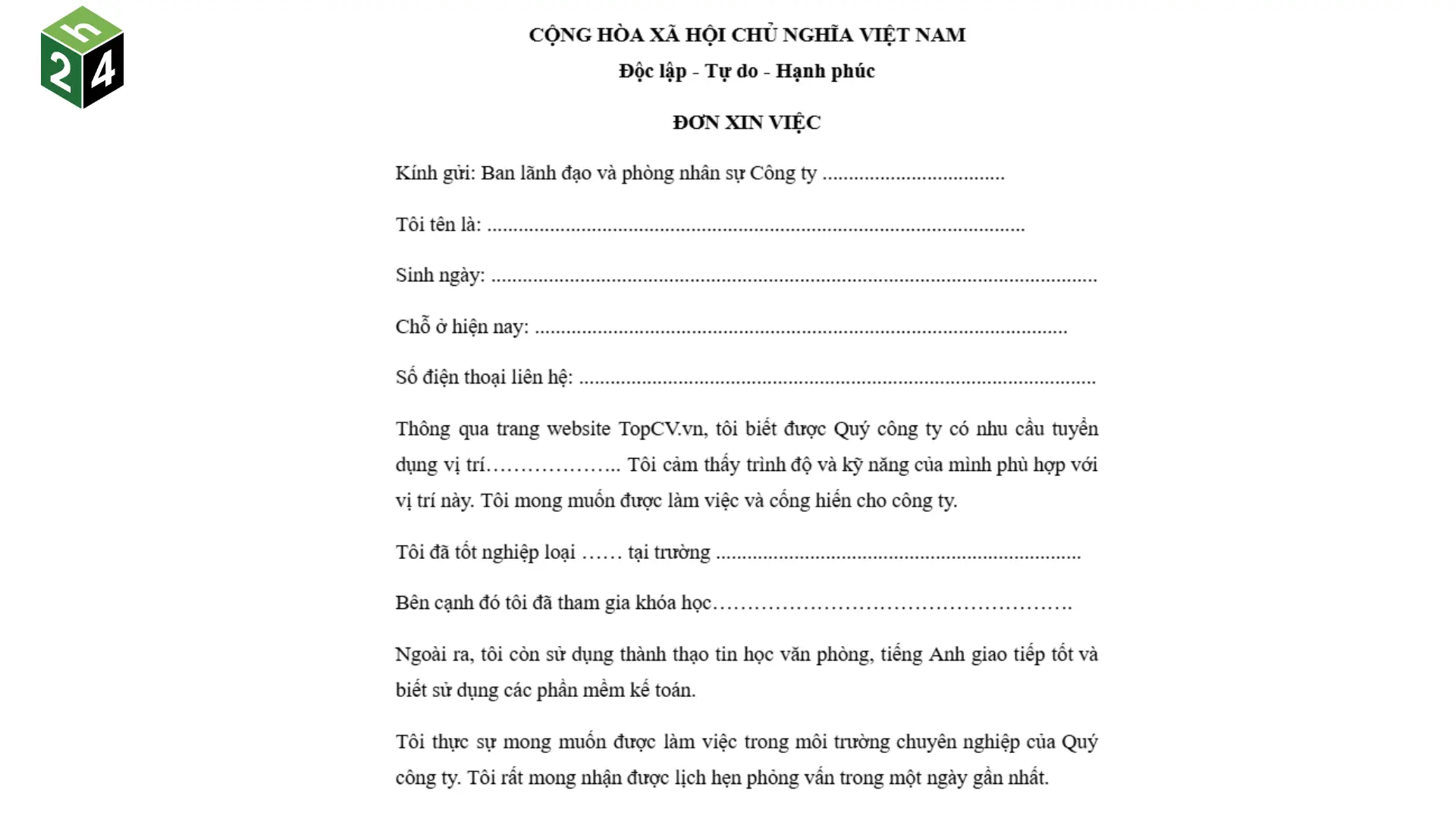 [Mẫu chuẩn] Đơn xin việc, tải đơn xin việc miễn phí 2026 1